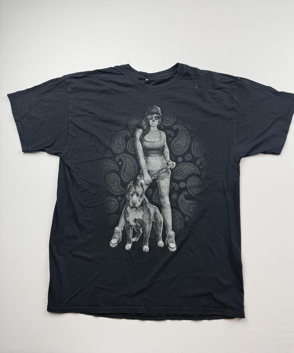 Vintage Skull Girl Pitbull Shirt Mens Black Paisley Graphic Tee Tattoo VTG Read